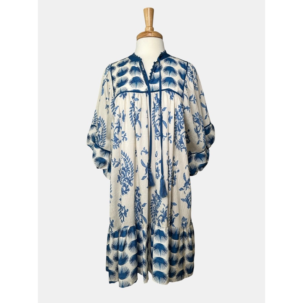 Umgee NWT Blue & Ivory Boho Paisley Print Mini Dress Balloon Sleeves Size L